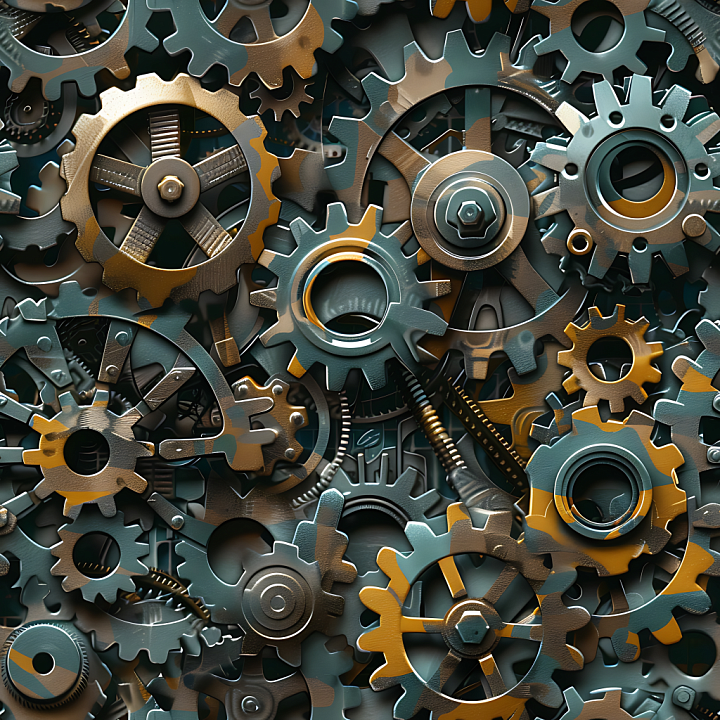 Industrial Camouflage with Gear and Cog Motifs seamless PBR texture preview
