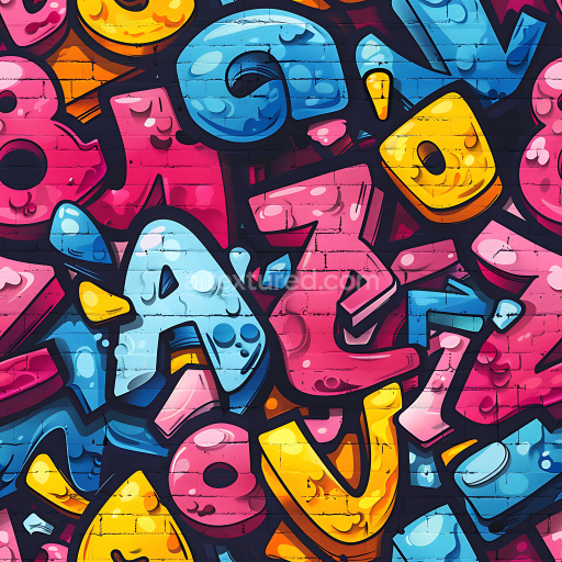 Seamless 3D PBR Texture Featuring Colorful Graffiti Letters on Brick Wall
