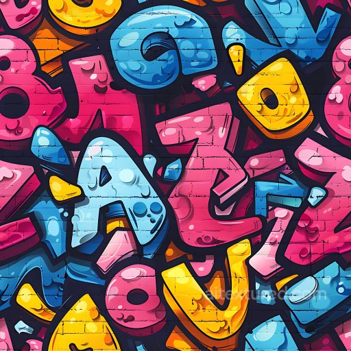 Seamless 3D PBR Texture Featuring Colorful Graffiti Letters on Brick Wall texture preview