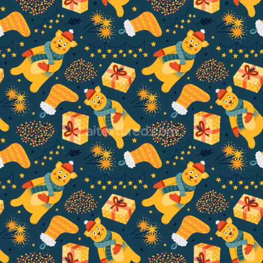Seamless 3D PBR Texture Featuring Cute Winter Bears, Christmas Hats & Gifts