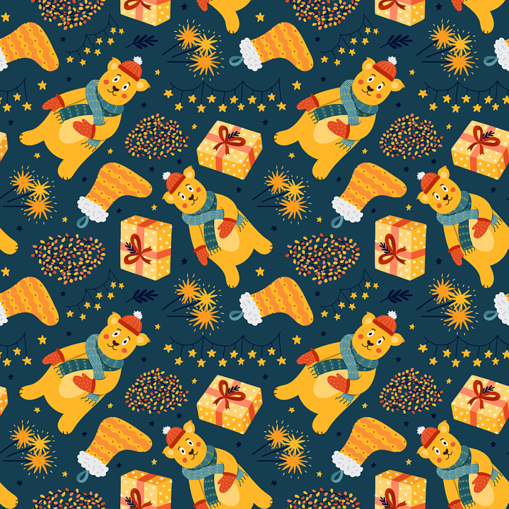 Featuring Cute Winter Bears, Christmas Hats & Gifts seamless PBR texture preview