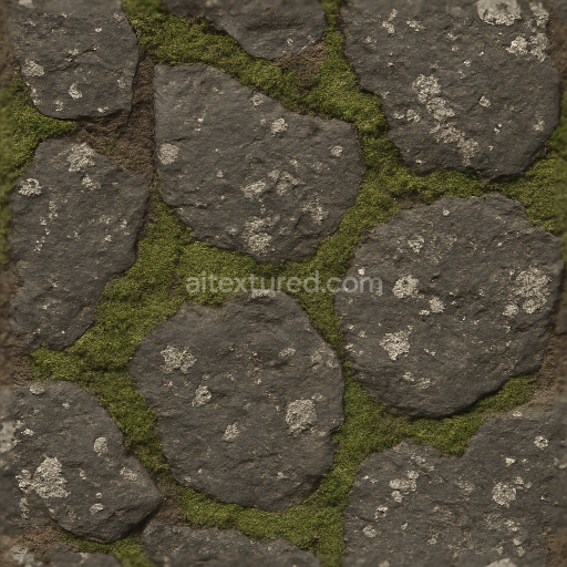 Seamless 3d texture pbr 8k of basalt stone slabs with weathered rock and moss carpet