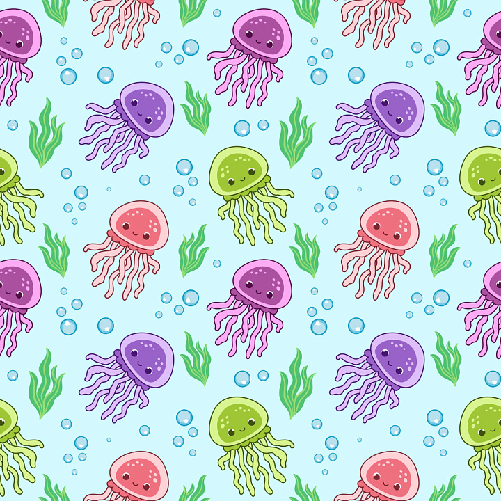 Pattern with Cute Cartoon Jellyfish and Ocean Motifs seamless PBR texture preview