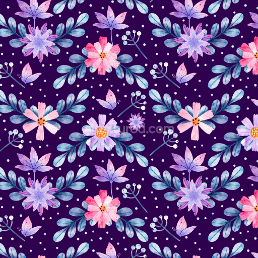 Preview — Seamless 3D PBR Texture with Watercolor Purple Flower Pattern and Blue Leaves