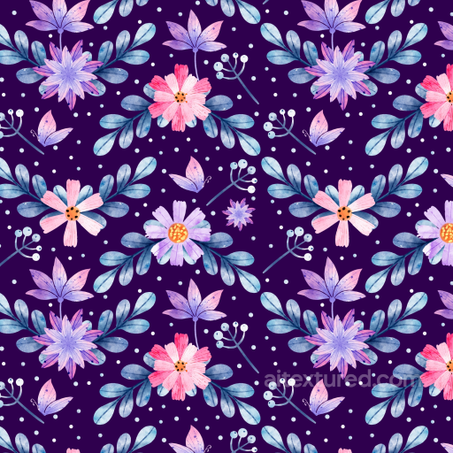 with Watercolor Purple Flower Pattern and Blue Leaves seamless Purple Flower PBR texture
