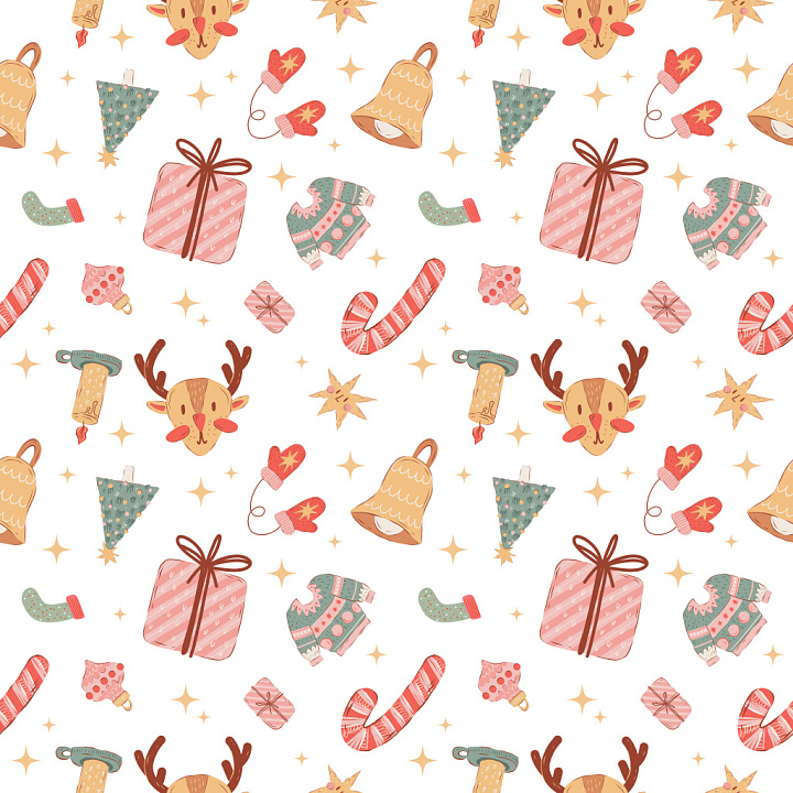 Pattern Featuring Hand-Drawn Christmas Elements in Soft Colors seamless PBR texture preview