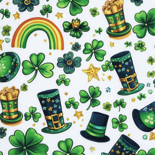Seamless 3D PBR Fabric Texture Featuring St Patrick Symbols and Shamrocks