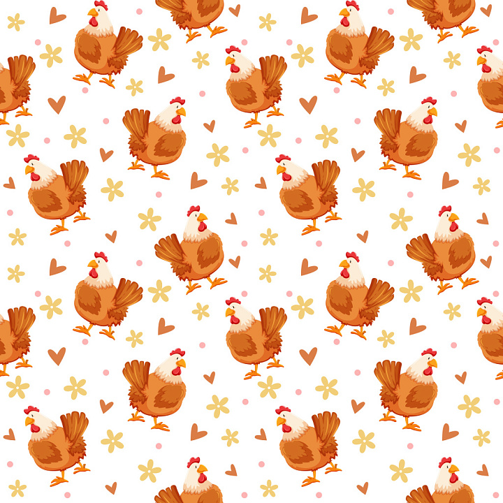 Pattern Featuring Cartoon Chickens with Floral and Heart Motifs seamless PBR texture preview
