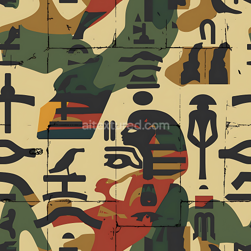 Seamless 3D PBR Camouflage Texture Featuring Egyptian Hieroglyphic Motifs and Earth Tones