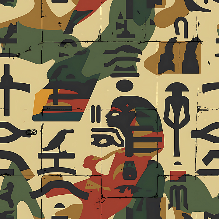 Camouflage Featuring Egyptian Hieroglyphic Motifs and Earth Tones seamless PBR texture preview