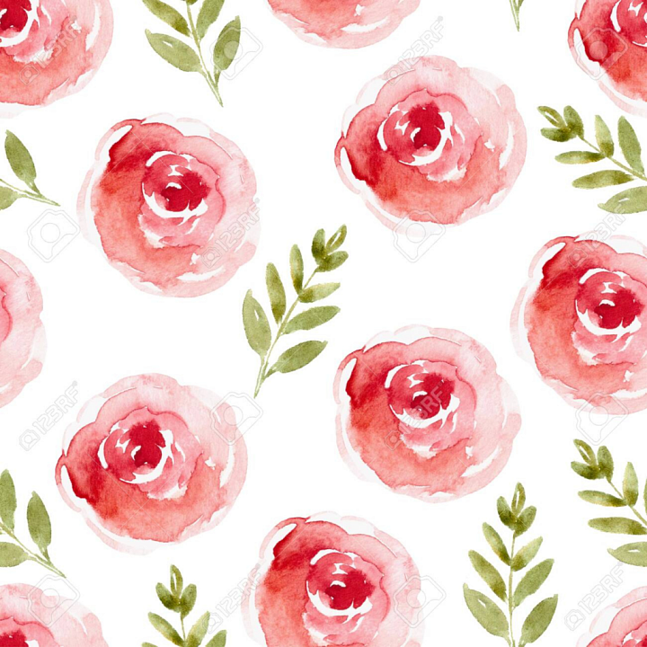 Watercolor Pink Flower Pattern with Green Foliage seamless PBR texture preview