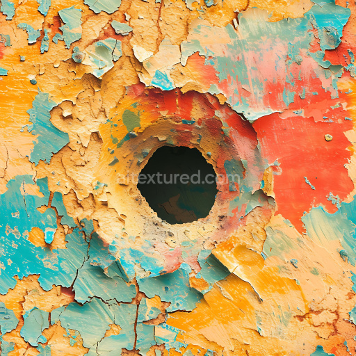 Seamless 3D Cracked & Hole PBR Texture of Multicolored Peeling Paint with Central Dark Hole