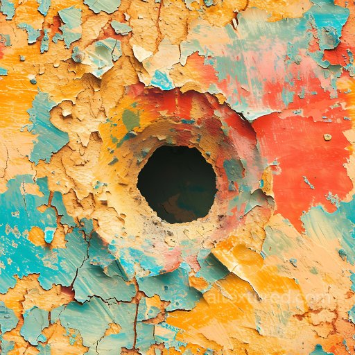 Cracked & Hole PBR Texture of Multicolored Peeling Paint with Central Dark Hole seamless Cracked & Holes PBR texture