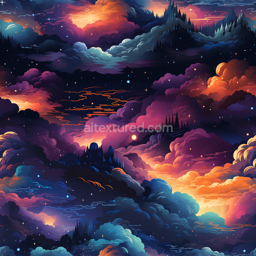 Seamless 3D Space PBR Texture Featuring Vibrant Nebula Clouds and Starry Cosmic Sky