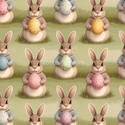 Seamless 3D PBR Texture of Cute Easter Bunnies Holding Colorful Speckled Eggs