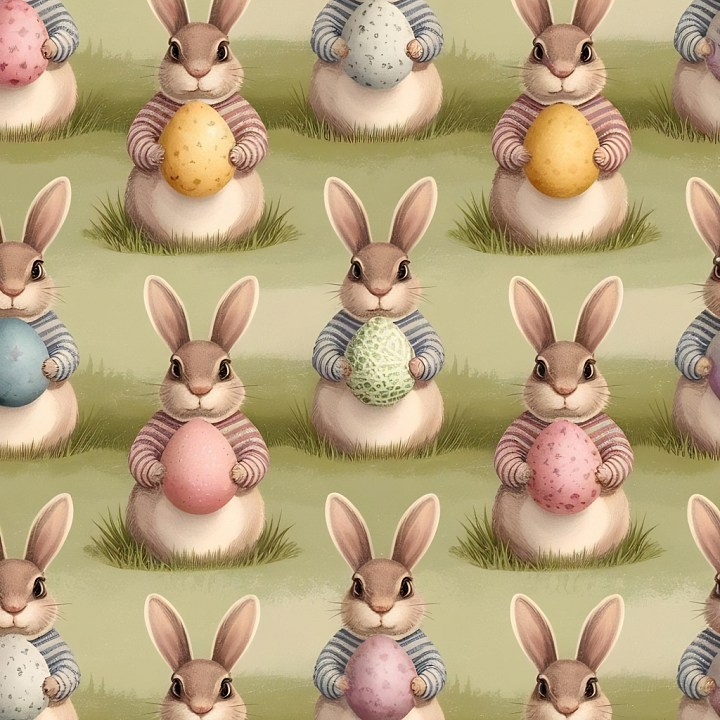 Featuring Cute Easter Bunnies Holding Colored Eggs seamless PBR texture preview
