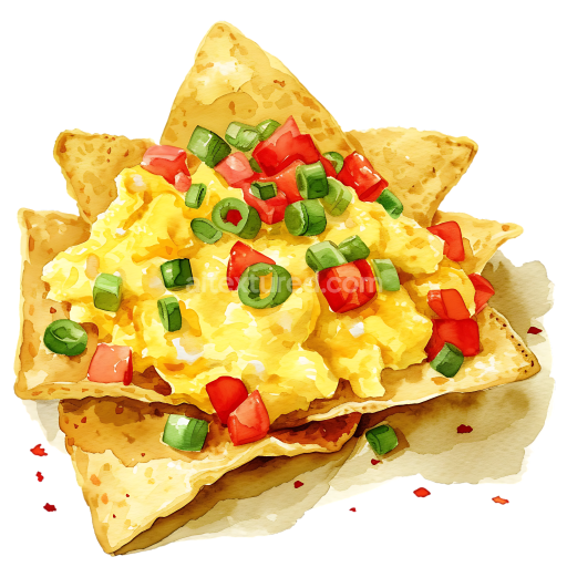 Watercolor Style Nachos with Scrambled Eggs and Fresh Veggies Breakfast Illustration