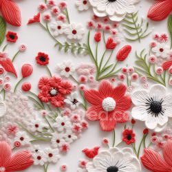 seamless Seamless 3D PBR Texture of Red and White Embroidered Floral Fabric texture 8k free download PBR