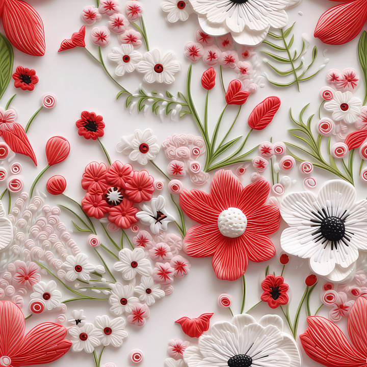Red and White Embroidered Floral Fabric seamless PBR texture preview