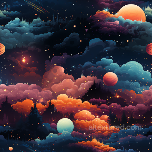 Space PBR Texture Featuring Vivid Cosmic Nebula Clouds and Planets seamless Star, space, planets PBR texture