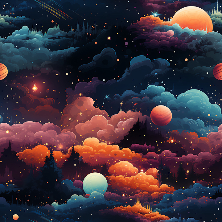 Space Featuring Vivid Cosmic Nebula Clouds and Planets seamless PBR texture preview
