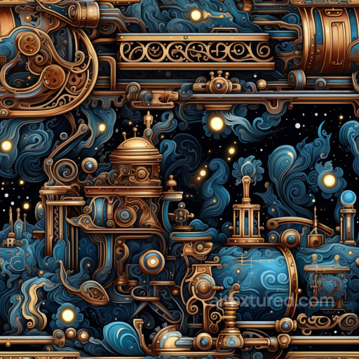Vintage Steampunk Metal Texture with Ornate Gold and Deep Blue Swirls seamless Vintage Scrapbook PBR texture