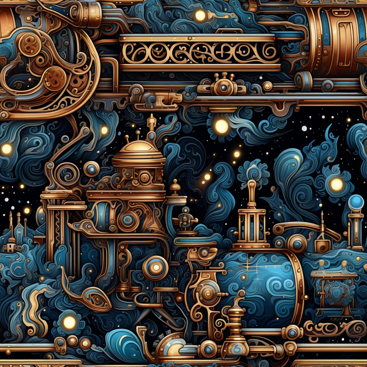 Vintage Steampunk Metal with Ornate Gold and Deep Blue Swirls seamless PBR texture preview