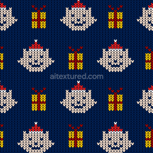 Seamless 3D PBR Knitted Christmas Pattern Texture with Santa Faces and Gifts