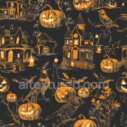 seamless Seamless 3D PBR Vintage Halloween Fabric Texture with Pumpkin & Haunted House Pattern texture 8k free download PBR
