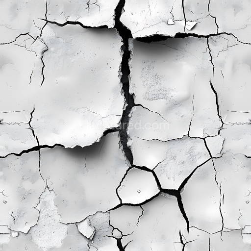 Seamless 3D cracked white plaster PBR texture with chipped edges and fissures