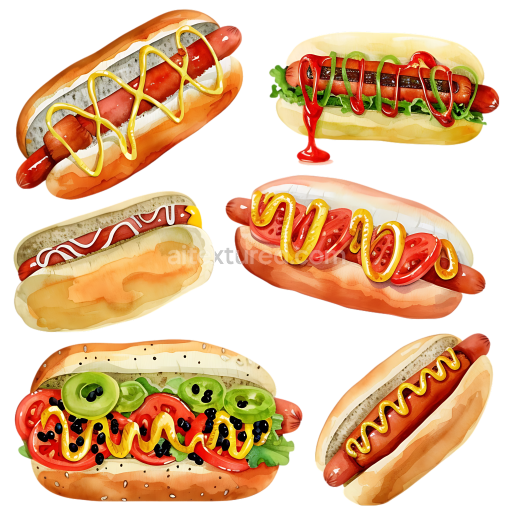 Watercolor Style Gourmet Hot Dog Breakfast Clipart Collection