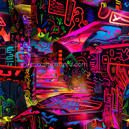 Seamless 3D PBR texture featuring vibrant neon graffiti on urban surfaces