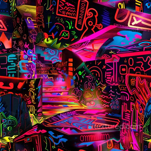 Seamless 3D PBR texture featuring vibrant neon graffiti on urban surfaces texture preview