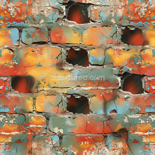 Seamless 3D Cracked & Holes PBR Texture of Colorfully Painted Brick with Weathered Damage