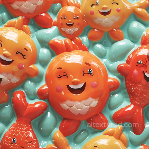 Inflated PBR Texture Featuring Glossy Orange Cartoon Fish on Blue Background seamless Inflated PBR texture