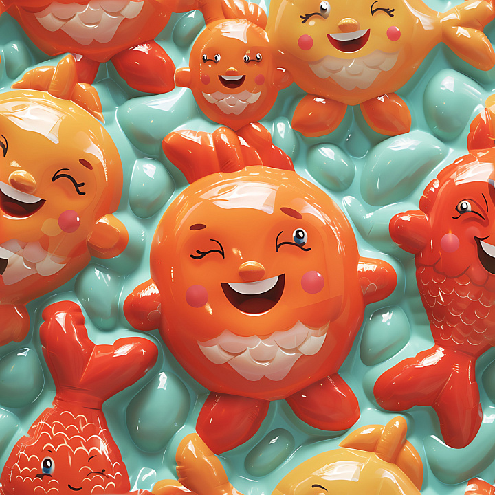 Inflated Featuring Glossy Cartoon Fish in Orange and Teal seamless PBR texture preview