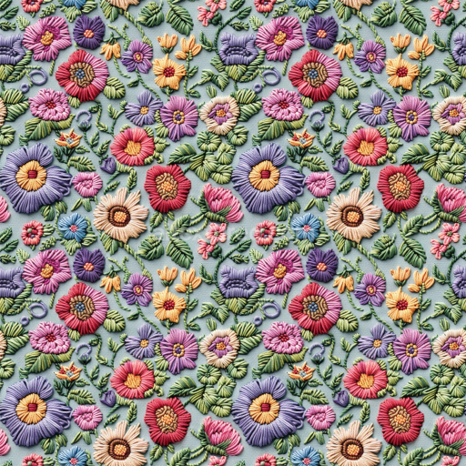 Seamless 3D PBR Embroidered Floral Fabric Texture with Colorful Flowers