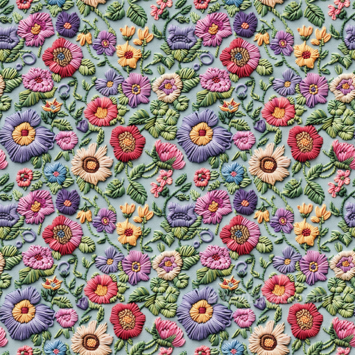 Embroidered Floral Fabric Texture with Colorful Flowers seamless Embroidered floral PBR texture