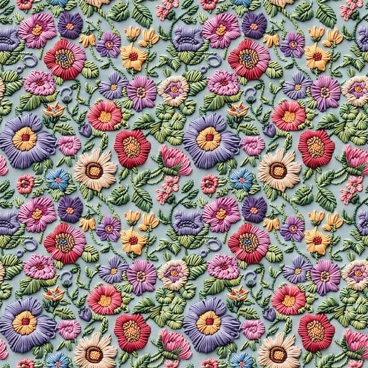 Embroidered Floral Fabric with Colorful Flowers seamless PBR texture preview