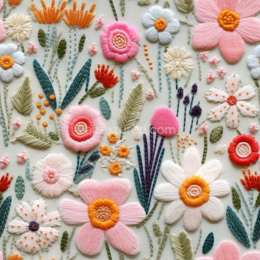 Seamless 3D PBR Texture of Colorful Embroidered Floral Fabric with Detailed Stitching