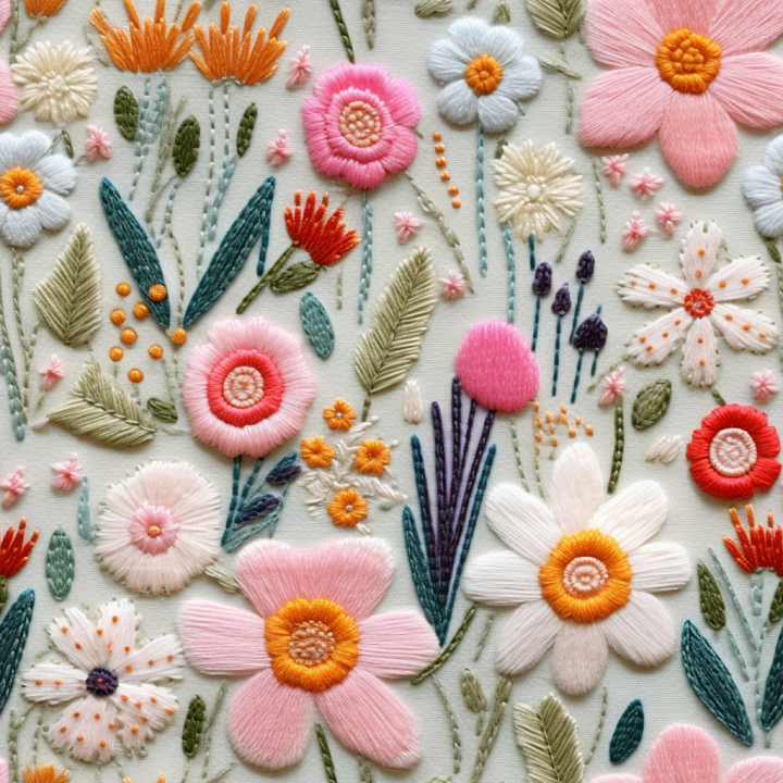 Colorful Embroidered Floral Fabric with Detailed Stitching seamless PBR texture preview