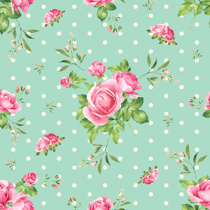 Wild Flower of Watercolor Pink Roses with Green Leaves on Polka Dot Bac… seamless PBR texture preview