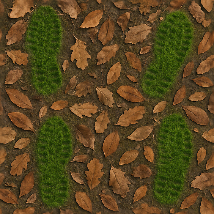 Of Grassy Footprints On Forest Floor With Fallen Leaves seamless PBR texture preview