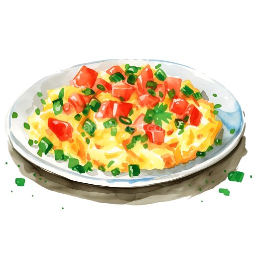 Scrambled Tofu Breakfast Graphic in Watercolor Style with Fresh Tomatoes and Green Onions