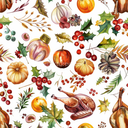 Seamless 3D PBR Thanksgiving Harvest Pattern Texture with Pumpkins and Seasonal Foliage
