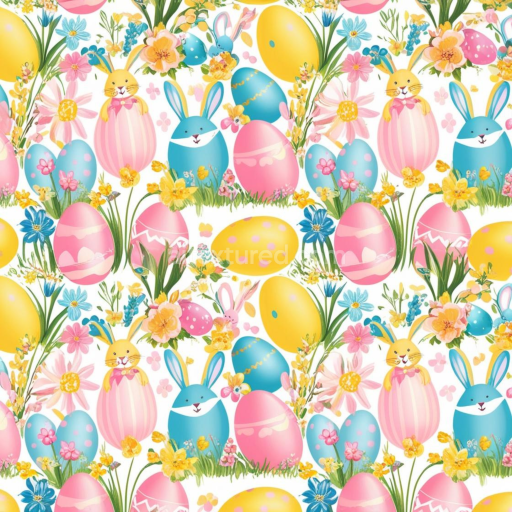 Seamless 3D PBR Easter paper texture with pastel eggs and bunny pattern