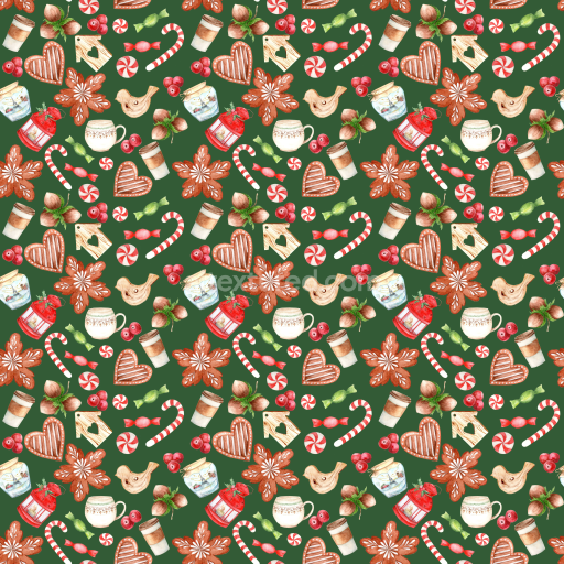 Seamless 3D PBR texture with colorful Christmas cookies and decorations on green background