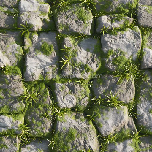 Seamless 3D Moss-Covered Cobblestone Street PBR Texture with Lush Greenery