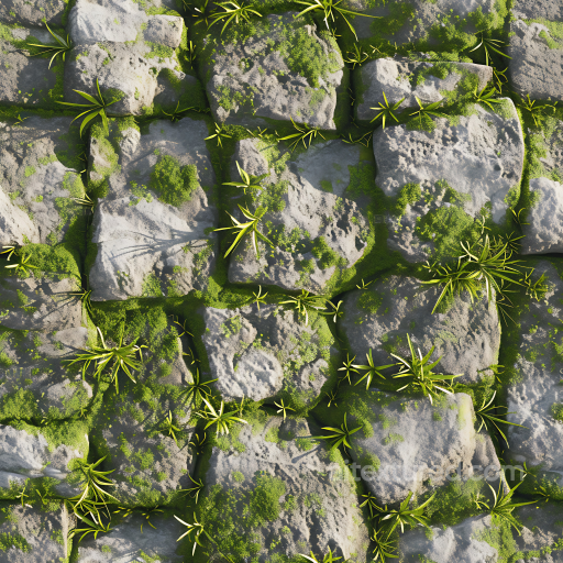 Moss-Covered Cobblestone Street PBR Texture with Lush Greenery seamless Stone PBR texture