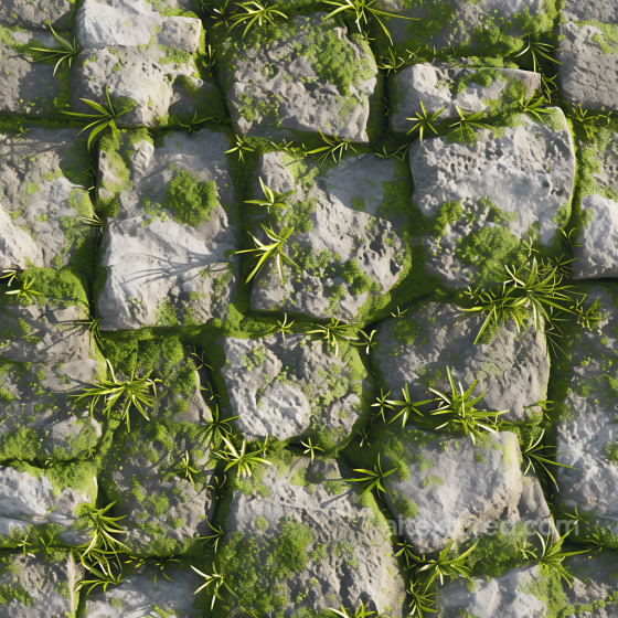 Moss-Covered Cobblestone Street PBR Texture with Lush Greenery Stone texture preview